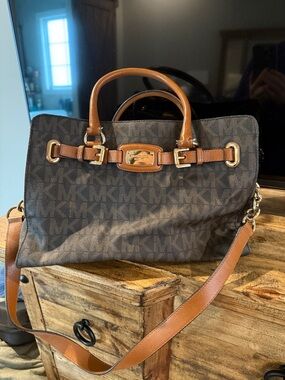 Michael Kors Brown MK Logo Messenger with Tan Leather Trim